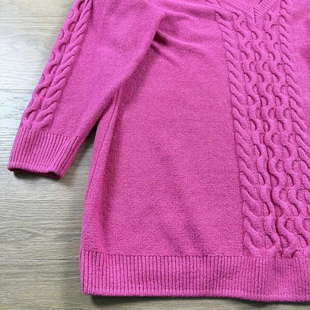 Lane Bryant Sweater Women 26/28 Hot Pink Cable Knit Ribbed Hems Tunic Vneck